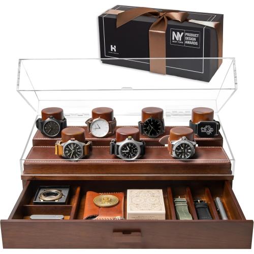 Walnut 7-slot Holme & Hadfield Premium 7-Slot Wooden Watch Display Case – Large Handcrafted Men’s Watch Box with Accessory Drawer, Hinged Cover, Leather Lining – Birthday Gift for Men – Luxury Built to Last