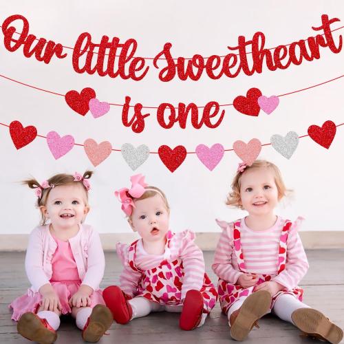 Our Little Sweetheart is One Banner Heart Garland for Kids Valentines Day 1st Birthday Party Decorations Romantic Red and Pink Glitter Party Supplies