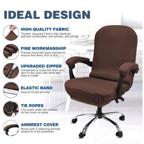 NeColorLife Stretchable Office Chair Cover with Armrest Covers – High-Back Desk Chair Slipcover, Checked Jacquard Fabric, Washable (Large Size, Coffee)