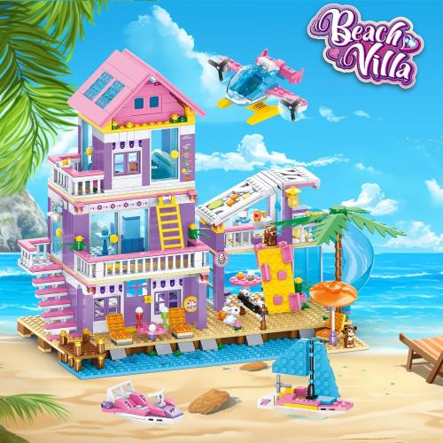 955 Piece Beach House Building Set,Seaside Beach Villa Building Toys Friends Vacation Hut Blocks Set,STEM BuildingToys with Helicopter,Yacht,Sailboat,Christmas Birthday Gift for Girl Age 6-12
