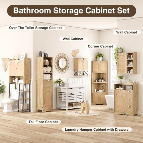 Size 67 H Color  Natural Bathroom Storage Cabinet with Rattan Doors and Slide Storage, Tall Narrow Freestanding Tower Cabinets with Adjustable Shelves for Kitchen, Living Room, Dining Room