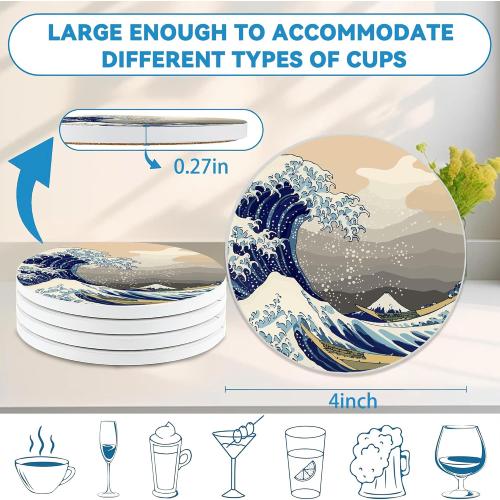 Japanese Style Waves Round 4 Cup Coasters Set of 4, Absorbent Ceramic Coasters with with Cork Backing, Table Home Decor, Gifts for Women Men