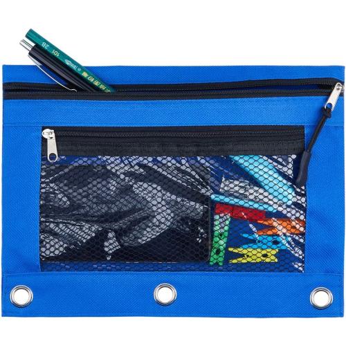 3 Ring Binder Pencil Pouchs, Zippered Pencil P9ouch Double Pocket Pencil Pouch 3 Ring with Clear Window (Blue&Green 2pack)