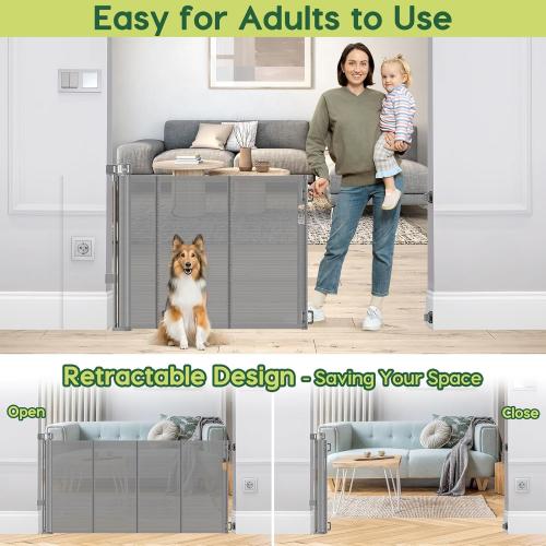 Reinforced 55 Wide Retractable Dog Gate with Support Rods, 33 Tall Retractable Baby Gate for Dogs, No Sag and Wrinkle Mesh Child Gates for Doorways, Indoor Pet Barrier Stair Gates for Kids, Gray