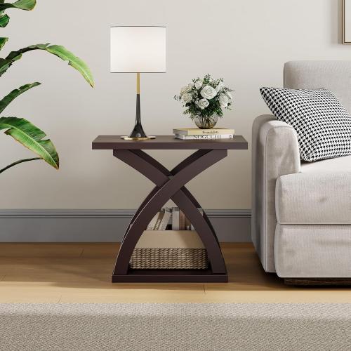 ChooChoo End Side Table Set of 2, Modern End Table with Storage Shelf, X-Design Side Table Living Room (Espresso)