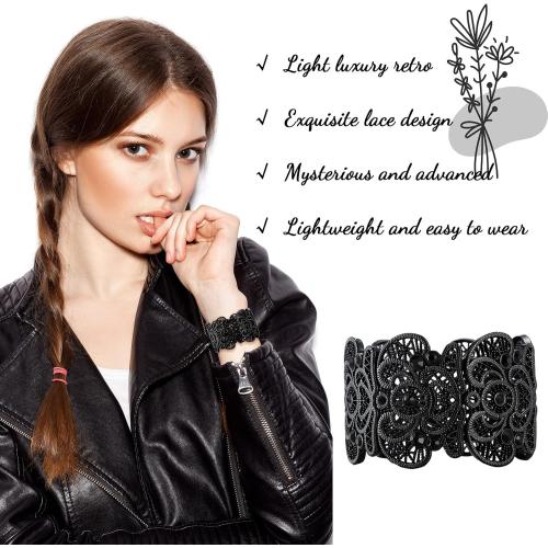 2 Pieces Black Bracelet for Women Gothic Vintage Filigree Jewelry Ladies Cuff Bracelets Bohemian Lace Bracelet Lace Cuff Bangle Wide Stretch Rhinestone Statement