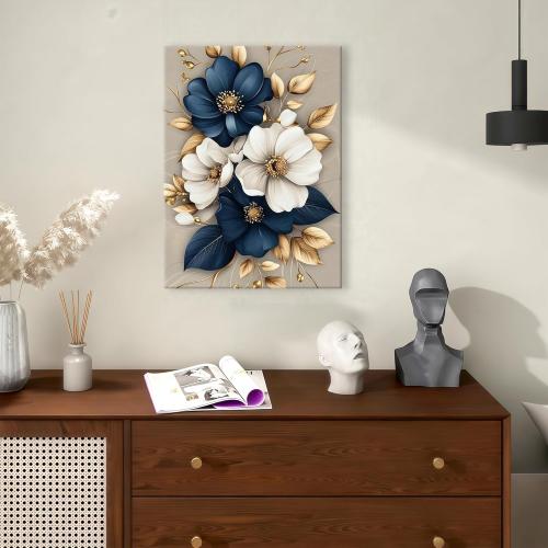 Modern Floral Canvas Wall Art Blue White Gold Flowers Wall Decor Pictures Flower Market Poster Prints for Living Room Bedroom Office Home Decoration 16x24in Ready to Hang