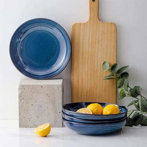 HASENSE Pasta Bowls, Ceramic Serving Bowls Set of 6 Serving Dishes for Salad, Pasta, Soup, Fruit - Blue Dinner Plate Bowls for Home Gift, Dishwasher & Microwave Safe
