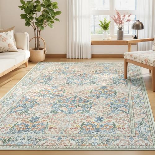 Lessymo Floral Living Room Rug 5x7 Area Rug, Vintage Forest Washable Rugs for Dining Room, Bedroom, Low Pile Non Slip Rubber Green Mat Indoor Boho Carpet for Large Entryway, Beige Brown