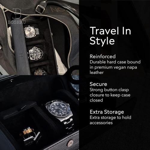 BOSHKU Leather Watch Roll Travel Case – Watch Travel Case for Men – Travel Watch Cases for Men – 3 Watch Case Travel – Black Watch Roll Case – Leather Watch Case Travel – Watch Leather Travel Case