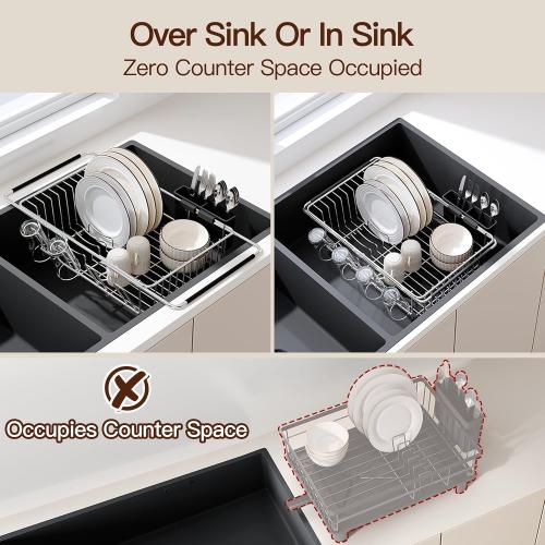 Over the Sink Expandable Dish Drainer Drying Rack In Stainless Steel for Small Kitchen, Counter Space Saving Modern Compact Metal Above Plate Dryer Strainer, Adjustable Hanging Inside Drain Holder