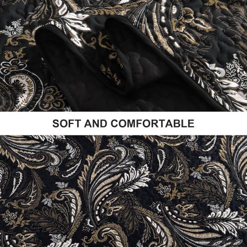 WONGS BEDDING Boho Quilt Set Queen,Black Paisley Floral Pattern Bedspread Coverlet Set with 2 Pillowcases,3 Piece Lightweight Microfiber Bohemian Quilt Bedding Set 96×90