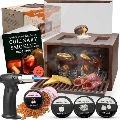 Bon Apperoo™ 2-Glass Culinary Smoker Box with Torch - Portable Cold Food and Cocktail Infuser - Indoor Whiskey and Bourbon Smoking Kit - Ideal for Drinks and Charcuterie - Butane Not Included