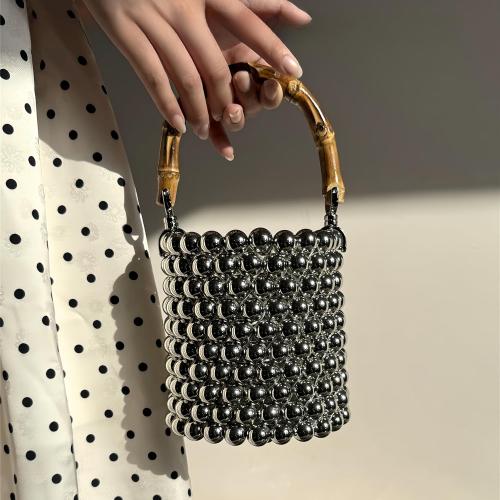 Women's Pearl Beaded Bag Natural Bamboo Handle Purse Handbag for Summer Vacation and Formal Evening Prom