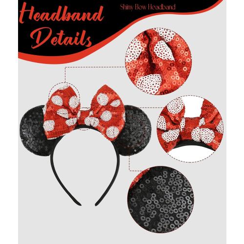 Mouse Ears Headband with Sequin Bows, Headbands for Kids Halloween Costume, Headwear Hair Accessories for Women Girls - Red and Black Headband-B