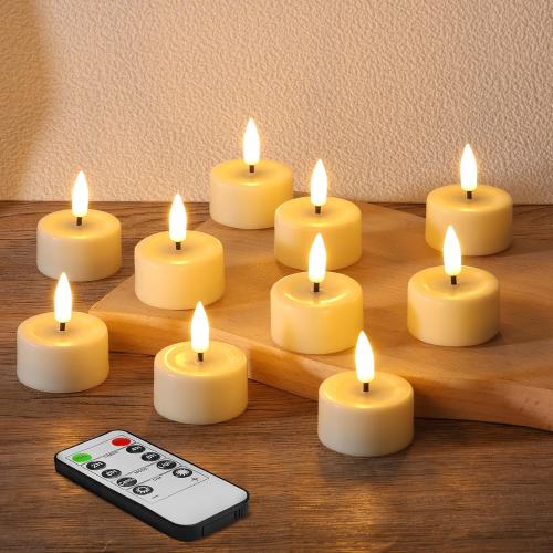 Ivory Real Wax Flameless Tealights with Remote Batteries, Flickering LED Votive Candles Set of 10
