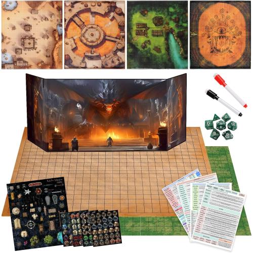 CZYY Foldable Battle Mat with DM Screen, Game Tokens, Dice Set - 2-Sided Wet & Dry Erase Terrain, Ultimate DND Starter Set, Accessories, Gift for Dungeon Master & Player