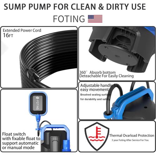 FOTING 1.5HP Sump Pump, 6300GPH High Flow Clean&Dirty Submersible Water Pump with Float Switch, Thermoplastic Electric Portable Utility Pump for Pool Draining Hot Tub Garden Basement