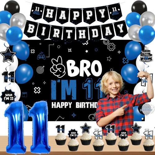 Vlipoeasn 11th Birthday Decorations Set for Boys Girls, 37PCS Black Blue 11 Year Old Birthday Backdrop Banner, Black Blue Bruh I'm 11 Party Supplies