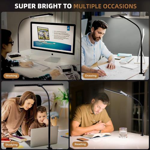 Motumen Led Desk Lamp for Home Office, Eye-Care Desk Light Clamp, Black | Smart Double Head Computer Monitor Table Clip Lamp, Adjustable Flexible Goose-Neck, 25 Lighting Models, Task Lamp