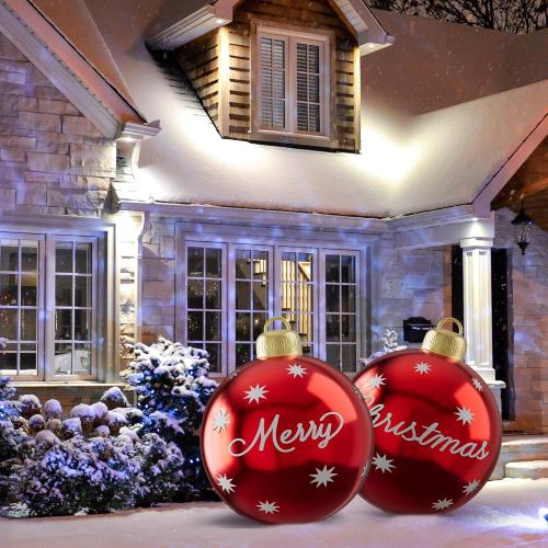2 Pcs Christmas Inflatable Balls, 24 Inch Outdoor Decorative PVC Ball, Xmas Blow Up Jumbo Ball for Indoor, Giant Ornaments Outside Holiday Yard Lawn Decor (Merry Christmas)