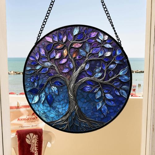 DASTOLL Stained Glass Window Hanging, Blue Purple Tree of Life Sun Catchers Colorful Glass Panel Plants Suncatcher Decor for Birthday for Women,Men,Wife, Lovers, and Mom 14.9x14.9 in