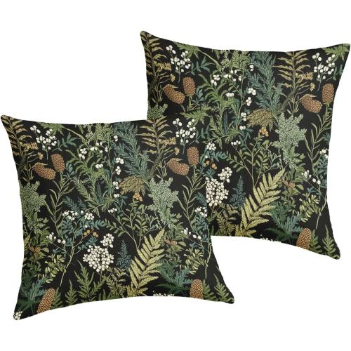 Black Green Botanical Pillow Covers 18x18 Inch Dark Green Flower Vintage Plant Throw Pillows for Couch Farmhouse Cushion Covers Spring Summer Leaf Floral Pillow Cases for Bed Patio Outdoor Decor Set 2