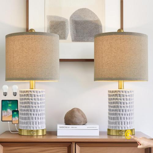 PORTRES 19 Farmhouse 3-Way Dimmable Touch Ceramic Table Lamp Set of 2 White Bedside Lamps for Bedroom Lamps for Living Room Nightstand Lamp End Table lamps with USB A C Charging Ports(Bulbs Included)