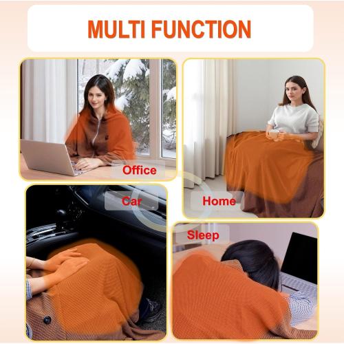 Portable Cordless Electric Heated Blanket Battery Operated, USB Heated Warming Wearable Wraps Blanket Shawl for Car, Home, Office, Travelling, Wireless Battery Heated Zipper Washable (Brown)