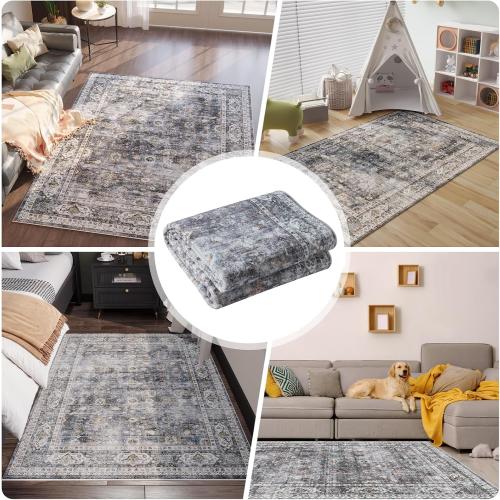 Grey and Blue Bedroom Rectangular Rug Washable Area Rug Non Slip Low Pile Small Carpet for Bedroom, Bedside, Kitchen, Entryway, Kids Room, Office, College Dorm Essentials for Girls