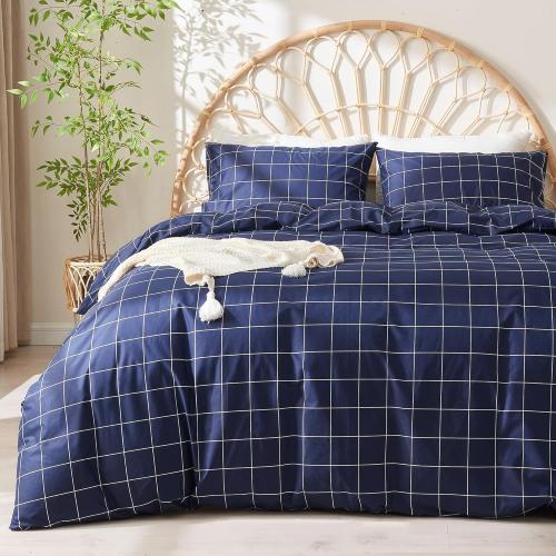 JELLYMONI 100% Natural Cotton 3pcs Plaid Duvet Cover Sets, Checkered Queen Comforter Cover, 1 Duvet Cover and 2 Pillow Cases with Zipper Closure & Corner Ties, Dark Blue