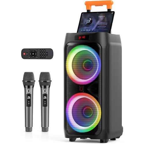 JYX Karaoke Machine with 2 Wireless Microphones, 24 Big Portable Bluetooth Speaker for Adults with RGB Light PA System Treble & Bass, Support TWS/USB/AUX/TF Card/REC, for Home Party Outdoors