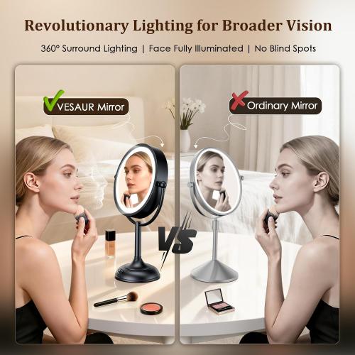 VESAUR Professional 8.5 Lighted Makeup Mirror, 1X/10X Double Sided HD Undistorted Magnifying Mirror with 3 Color 90 Dimmable LED lights, 360° Rotation Vanity Mirror, Unique Black Nickel with Gift Box