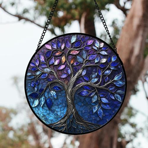 DASTOLL Stained Glass Window Hanging, Blue Purple Tree of Life Sun Catchers Colorful Glass Panel Plants Suncatcher Decor for Birthday for Women,Men,Wife, Lovers, and Mom 14.9x14.9 in
