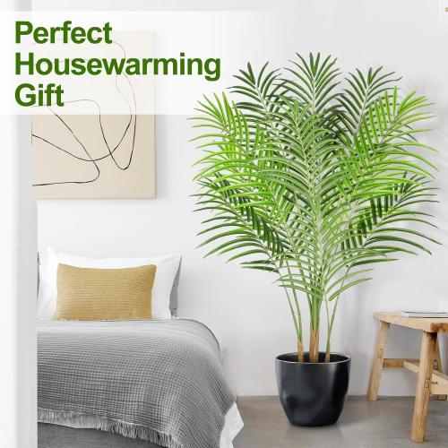 Artificial Palm Tree 4ft Tall Fake Indoor Decor with 13 Trunks and Real Bark Design Faux Tropical Areca Silk Floor Plant in Pot for Home Office Living Room Bedroom 1pcs