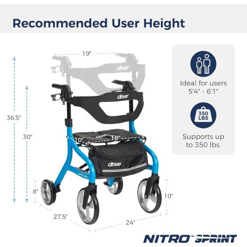 Drive Medical Nitro Sprint Foldable Rollator Walker with Seat, Standard Height Lightweight Rollator with Large Wheels, Folding Rolling Walker, Walker Rollator with Seat, Blue
