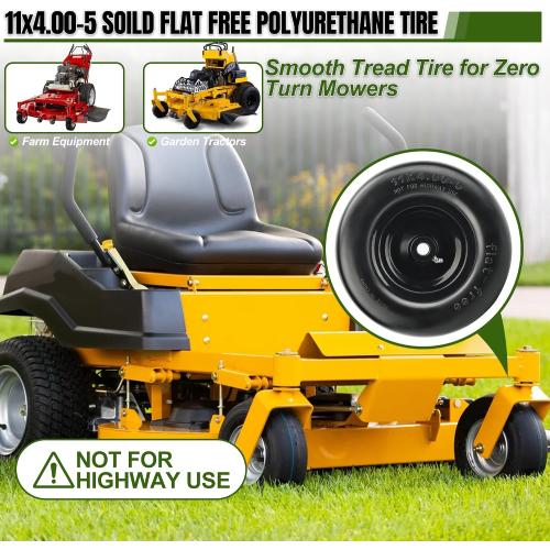 TWO 11x4.00-5 Flat Free Lawn Mower Tires on Wheels, Universal Fit 11x4.00-5 Smooth Tread Tire for Zero Turn Lawn Mowers - with 3/4 Bushings and 3.4-5 Centered Hub - Contain Adapter Kit | Black-2Pcs