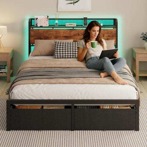 Furnulem Queen Size Bed Frame with Headboard Storage, Platform Bed Frame Queen Size with 2 Drawers, Charging Station and LED Lights, No Box Spring Needed, Noise Free, Easy Assembly (1200 lbs Capacity)