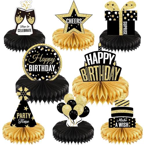 8 Pieces Happy Birthday Party Decorations Supplies Birthday Honeycomb Centerpieces Table Toppers for Party Favor Photo Booth Props, Black and Gold