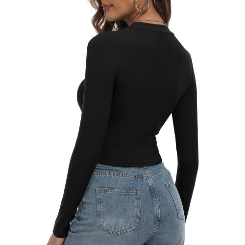 Size M  Round Neck Long Sleeve Knit Ribbed Fitted Crop Top Casual Basic Shirts