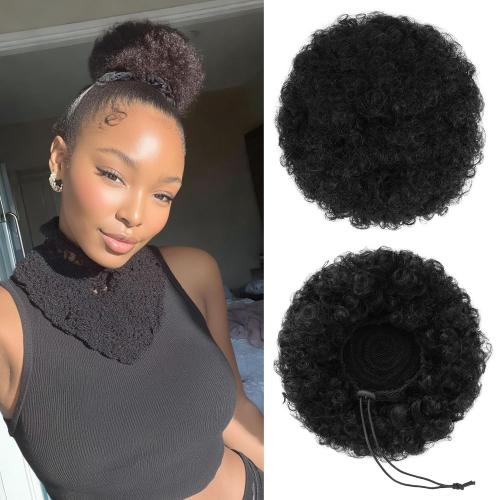 Human Hair Afro Puff Drawstring Ponytail, 1B Natural Black, M Size
