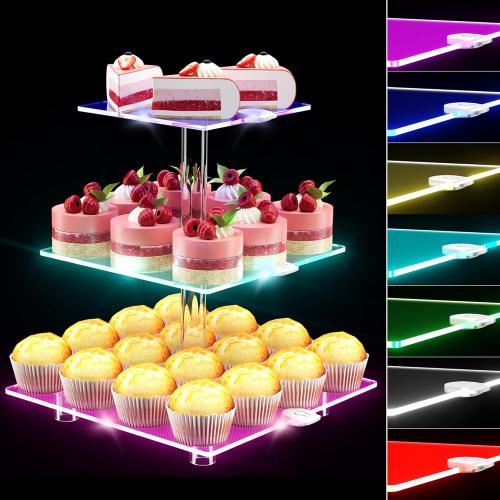 Size 3 tier LED Acrylic Cupcake Stand, 3 Tier Cupcake Stand with Rechargeable Light, Clear Cupcake Tower Stand 24 Cupcakes, 7 Color Cupcake Display Stands for Weddings, Birthdays,Party,Graduation