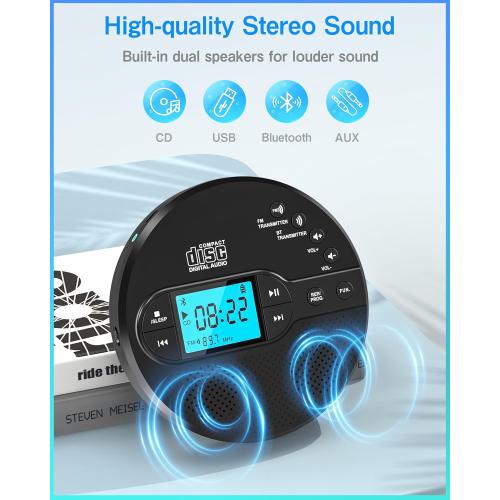 Portable CD Player with Bluetooth, Disman CD Player for Car with FM Transmitter, Rechargeable CD Player Portable with Anti-Skip Protection, Headphones, AUX/USB Supported, LCD Display(Black)