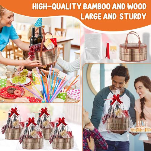 Tioncy 6 Set Baskets for Gifts Empty Bulk Large Woven Bamboo Gift Basket Kit with Handles, Clear Cellophane Wrap Baskets for Valentine's Day, Baby Shower, Birthday Party Gift Bags(Yellow)