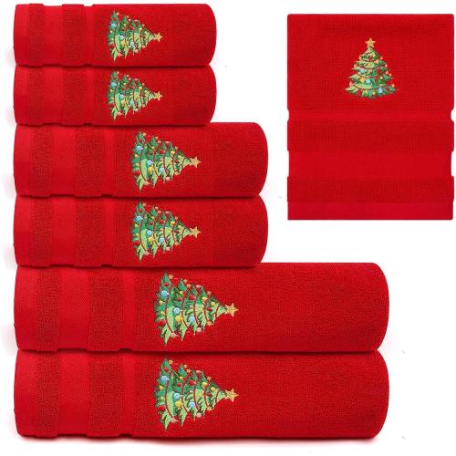 Peryiter 6 Pack Cotton Christmas Bath Towels Set Red Christmas Tree Towels Bathroom Set, Soft and Absorbent, Contains 2 Bath Cloth, 2 Hand Cloth and 2 Washcloths