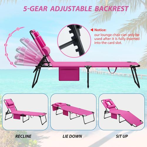 400lbs Tanning Chair with Face Hole, 5-Position Folding Chaise Lounge Chair with Side Pockets, Portable Beach Lounge Chair for Outdoor Sunbathing Patio Pool Lawn, Pink