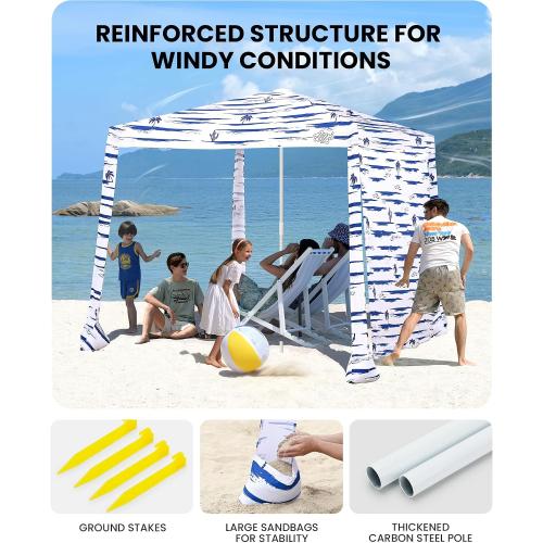 Beach Cabanas for Sand, Foldable Beach Canopy with Sandbags 8' | 43 Compact Fold, 8' x 8' Fits 6 Person, UPF 50 , Wind-Resistant, Privacy Side Wall, Easy Setup, 6.5-8' Adjustable Height