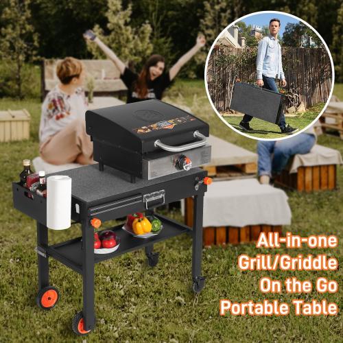 Portable Outdoor Grill Table, Folding Grill Cart with Wheels | Blackstone Griddle Stand for 17/22 Griddle, Large Space Blackstone Table Solid and Sturdy, Grill Stand for Ninja, Weber