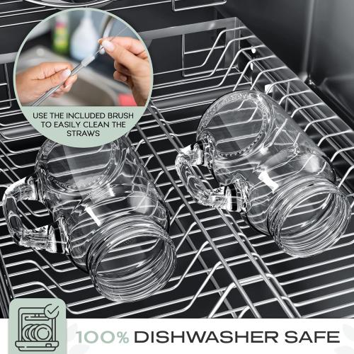 20oz Mason Jar Mug Set of 4 with Handles, Lids, Straws & Cleaning Brush - Overnight Oats & Iced Coffee Cups