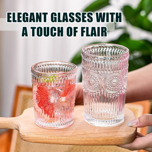 Vintage Drinking Glasses, Textured Clear Striped Glass Cups-6 Highball Glasses 13oz & 6 Rocks Glasses 10oz, Ribbed Glassware Set, Mojito Cups, Cocktail Glass, Iced Coffee Cup